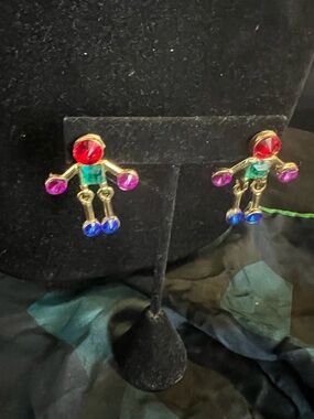 Colorful Jeweled Doll Earrings - Gold Tone